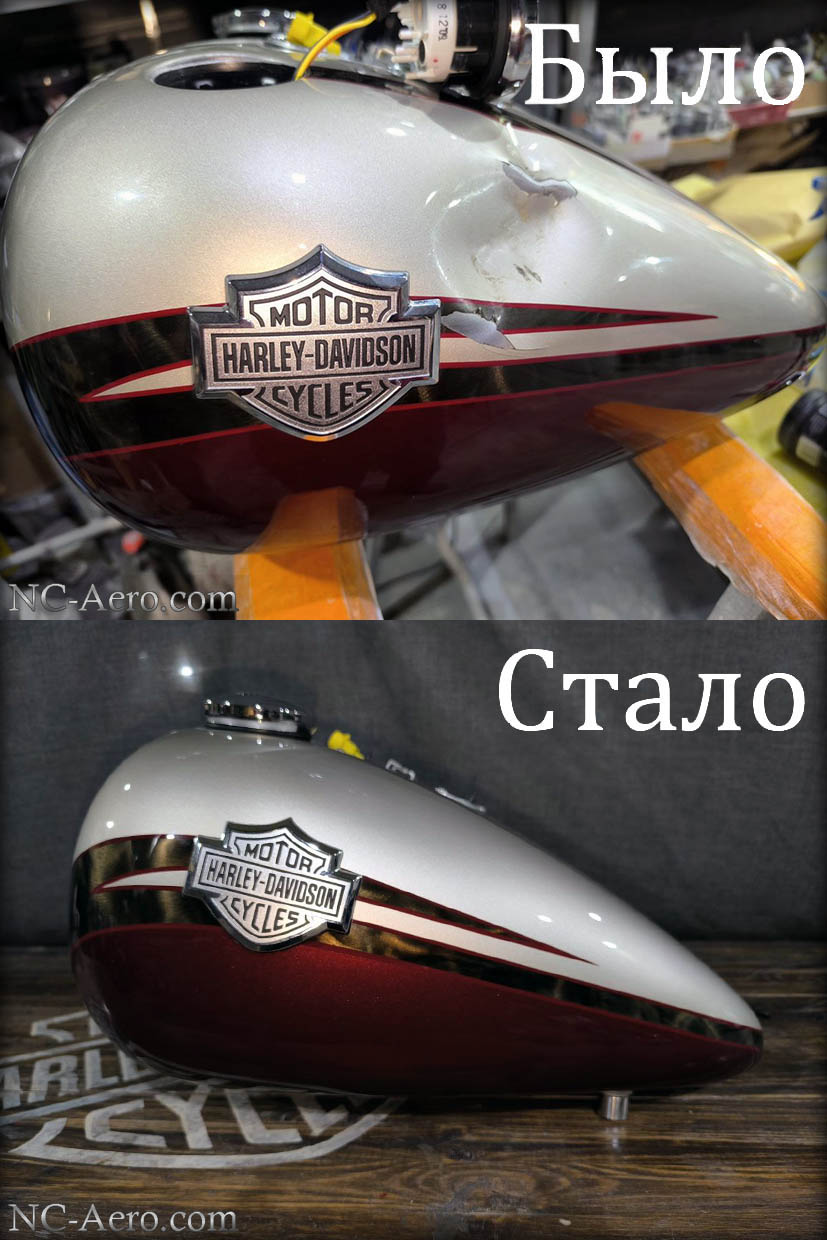 Кузовной ремонт и покраска бака Harley-Davidson CVO Fat Boy, Было/Стало